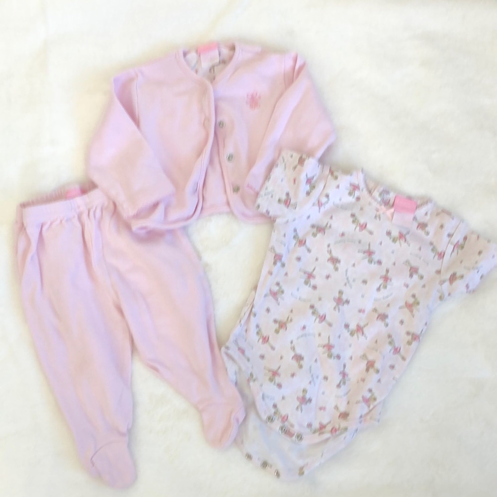 First Wish ballerina cotton undershirt, bottoms, jacket set size 6-9m